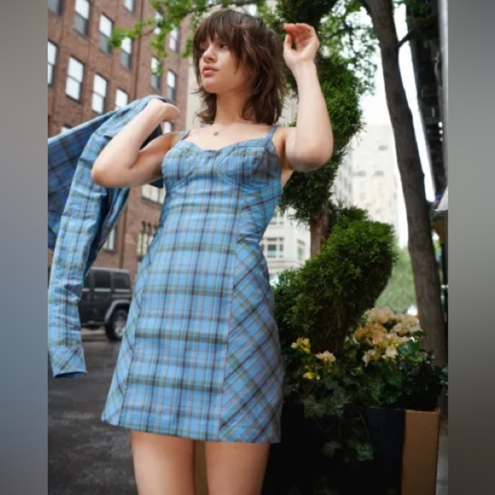 Urban Outfitters As If Plaid Mini Dress  Bustier Spaghetti Strap Size Small